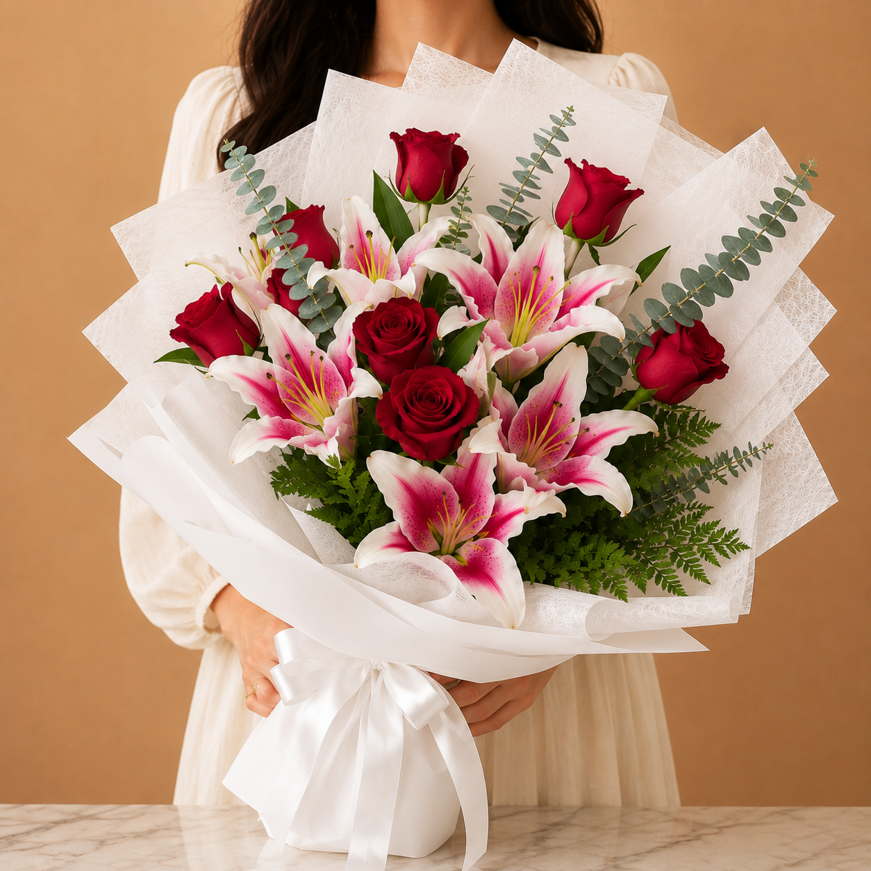 Bouquet of Pink Lilies & Red Roses