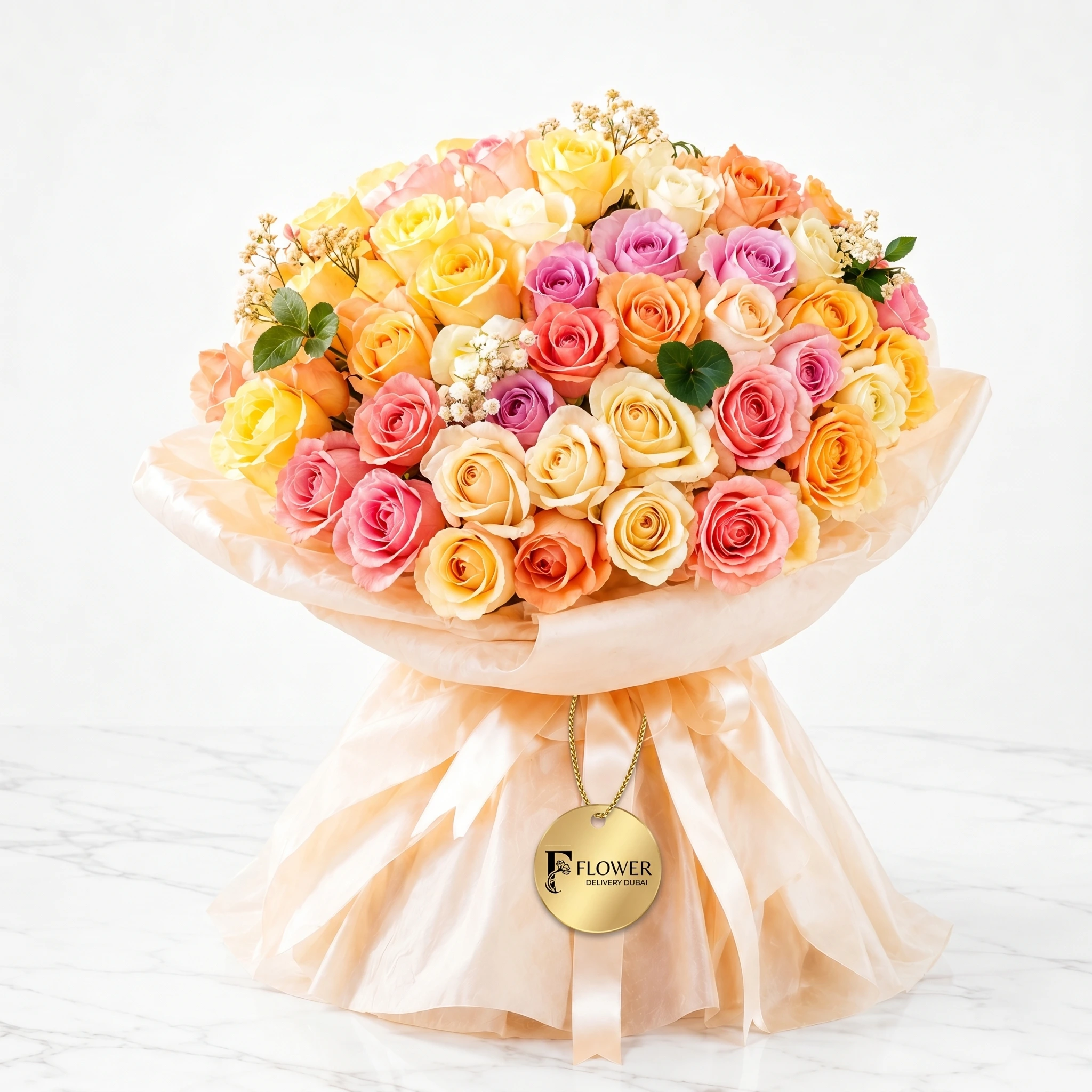 Pastel Dreams Rose Bouquet featuring premium pink, peach, and yellow roses with fresh green foliage, beautifully wrapped in soft tulle and luxury ribbon, perfect elegant floral gift for birthdays and special occasions.