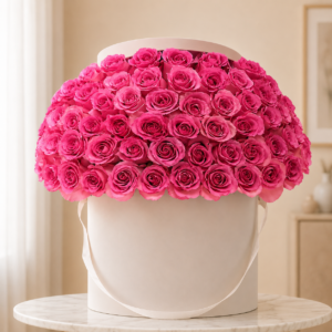 Pink Roses Hatbox with 60 premium pink roses in a luxury white round hatbox, elegant dome arrangement perfect for luxury flower delivery in Dubai.