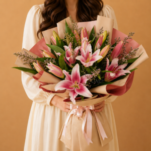 Regal Pink Lily Bouquet with 5 stems and blooming buds, elegantly wrapped in premium paper, perfect for luxury flower delivery in Dubai