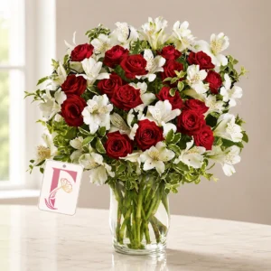 Elegant Roses & Alstroemeria bouquet in a clear glass vase, fresh red roses with white alstroemeria stems, perfect floral gift for romantic occasions and home décor.