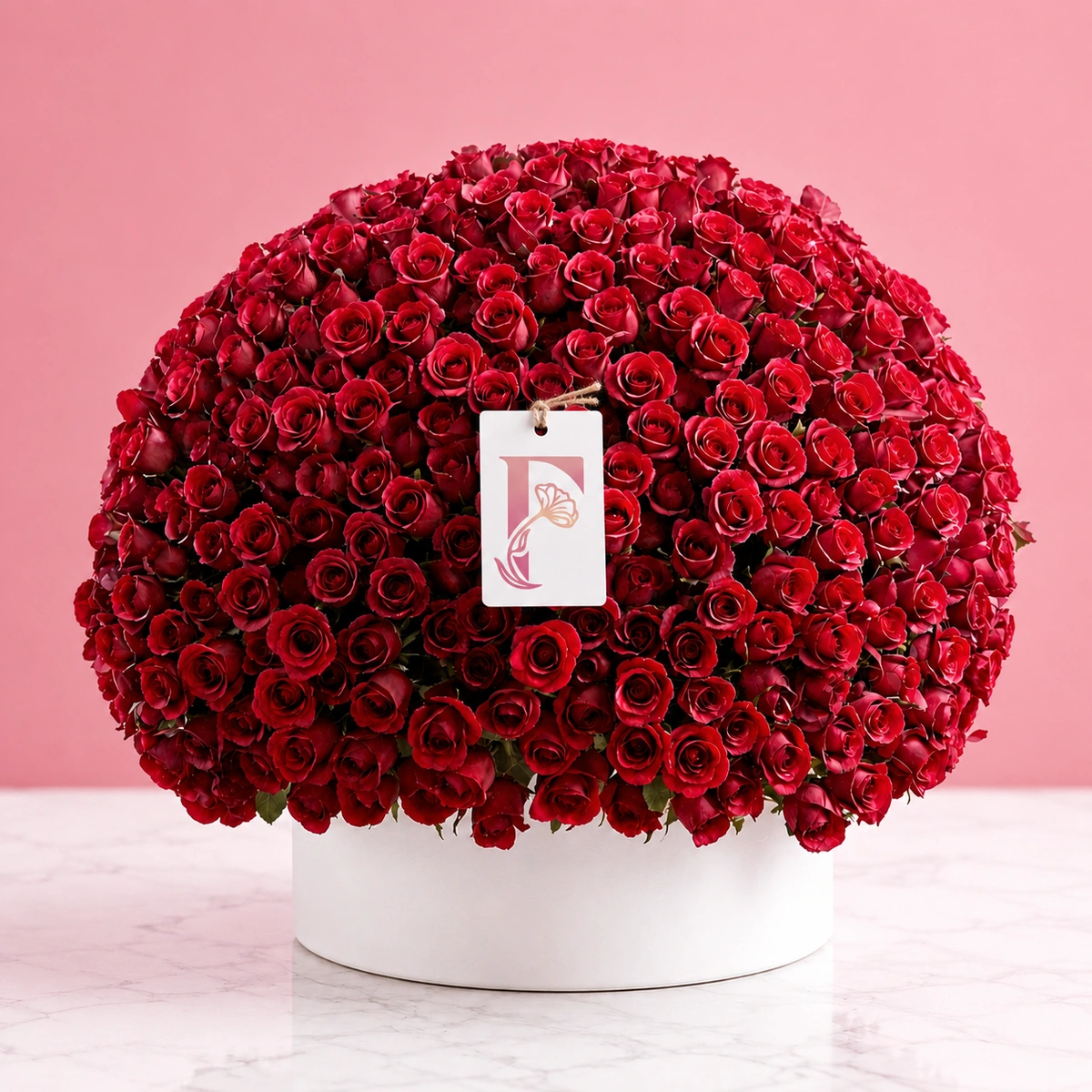 red rose bouquet with 1000 premium red roses arranged in a luxury round box, large dome floral arrangement for romantic occasions in Dubai