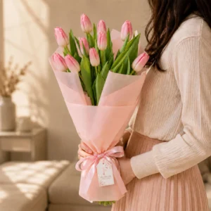 10 pink tulips bouquet with elegant pink wrapping and ribbon for flower delivery Dubai