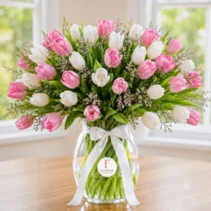 80 pink and white tulip vase arrangement Dubai luxury flower delivery