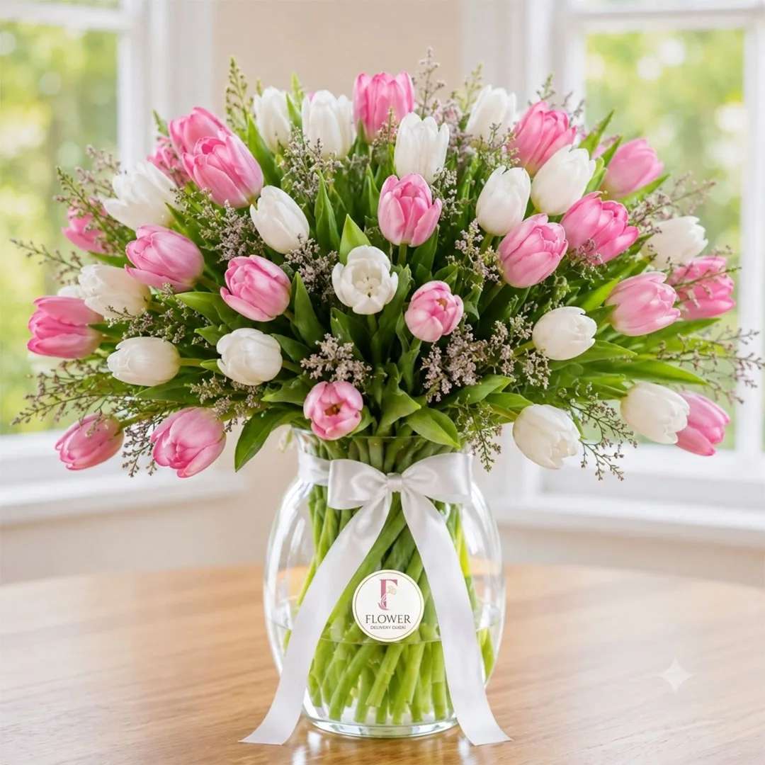 40 Pink & White Tulip Vase Arrangement
