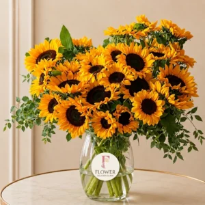 Long stem sunflowers in glass vase, bright yellow bouquet with fresh flowers Dubai same day delivery