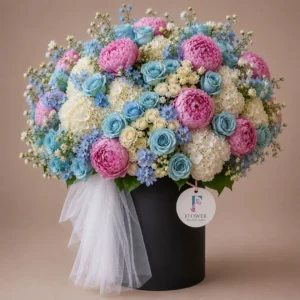 Blue and Blush Flower Box with peonies hydrangeas and blue roses Dubai delivery