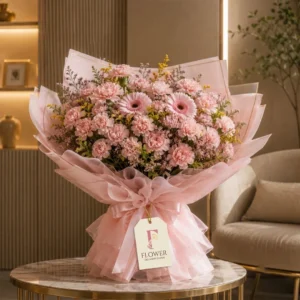 Send the Blush Meadow Carnation & Gerbera Bouquet in Dubai with free flower delivery in Dubai. A soft pink floral mix of carnations & gerberas, perfect for elegant gifting .