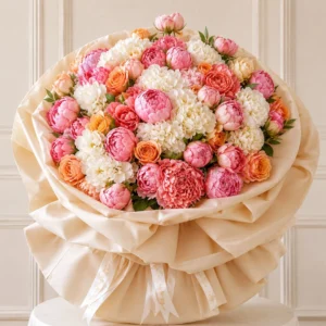 XL bouquet of pink peonies, peach roses and hydrangeas with soft pink wrapping, luxury fresh flower arrangement for same day flower delivery Dubai