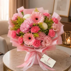 Pink flowers bouquet with pink gerberas and carnations wrapped in premium paper for flower delivery in Dubai