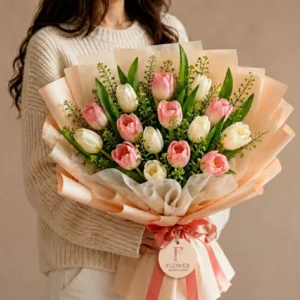 White and pink tulips bouquet in premium wrapping Dubai flower delivery
