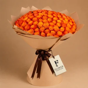 Classic orange roses bouquet with 100 roses and spray roses in a premium floral box, vibrant same-day flower delivery in Dubai