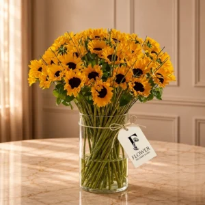 Golden Sunflower in a Vase – 40 fresh sunflowers in glass vase with ruscus, luxury sunflower bouquet Dubai delivery same day