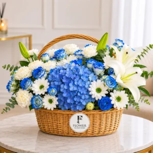 Hydrangeas Lilies and Carnations in Basket luxury floral arrangement in elegant basket Dubai