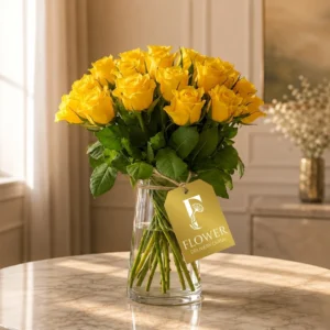 Luxe Yellow Rose Arrangement with 18 roses in glass vase, yellow rose bouquet Dubai, fresh flower delivery Dubai