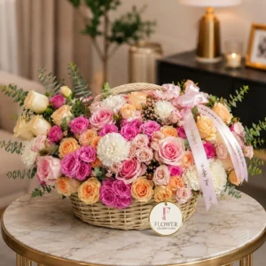 Peach and Pink Delight flower basket with roses, carnations, and eucalyptus arranged in a luxury gift basket for flower delivery Dubai
