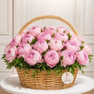Peonies in basket flower delivery luxury pink peony arrangement