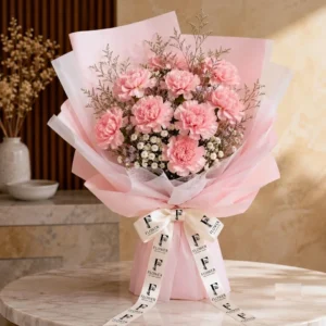 Pink Carnation Bouquet in Dubai featuring 10 fresh pink carnation stems with baby’s breath and limonium fillers, beautifully wrapped in premium paper with ribbon. Ideal for same day flower delivery Dubai for birthdays, anniversaries, and thoughtful gifting. Fresh, elegant floral arrangement perfect for expressing love and appreciation.