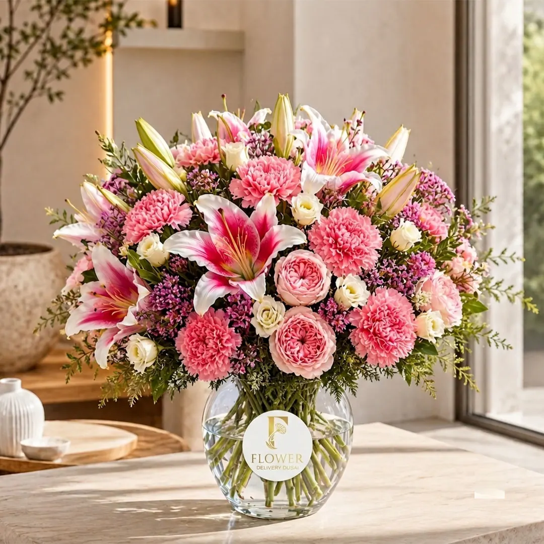 Pink Floral Elegance vase arrangement with pink lilies, carnations and Juliette spray roses in Dubai