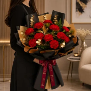 Red carnations bouquet with gold eucalyptus leaves and luxury black and gold wrapping