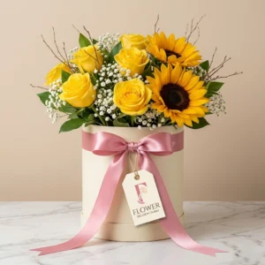 Roses & Sunflowers in Box – 2 Sunflowers, 12 Yellow Roses, premium box, fresh green fillers, Dubai delivery.