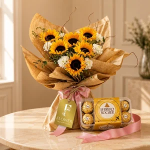 Sunflower & Ferrero Rocher Delight Box with 6 sunflowers, 16 pcs chocolates, luxury gift Dubai delivery