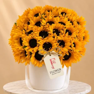 Sunflower bouquet in box featuring 75 fresh sunflowers arranged in a premium white round gift box, perfect for sunflower bouquet delivery in Dubai and same-day gifting.