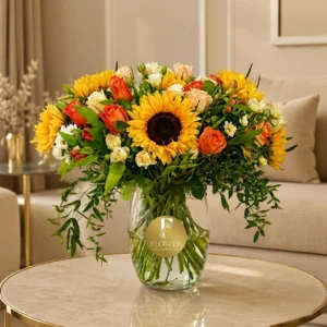 Sunset Floral Vase with sunflowers, roses & alstroemerias, warm elegant centerpiece | flower delivery Dubai