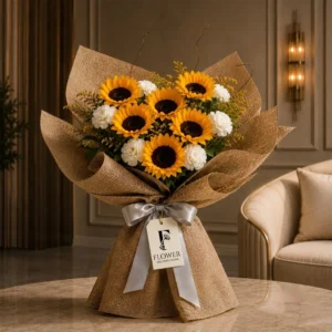 Sunshine Blooms Bouquet with fresh sunflowers and carnations wrapped in rustic jute with silver ribbon for flower delivery in Dubai