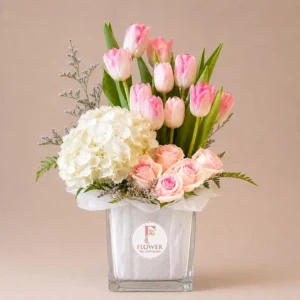 Premium vase arrangement with pink tulips, roses and white hydrangeas Dubai flowers delivery