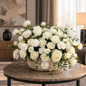 White floral basket with fresh white roses and carnations arranged in a stylish basket for elegant gifting in Dubai