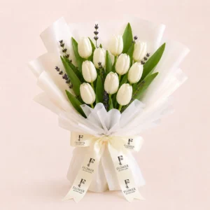 White tulips bouquet with elegant modern wrapping for flower delivery in Dubai