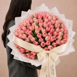XXL pink tulips bouquet in luxury white wrapping Dubai flower delivery