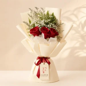 3 red roses bouquet with baby's breath and premium wrapping in Dubai