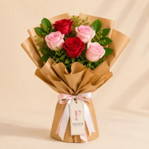 Radiant Affection Bouquet with 6 red and pink roses in premium wrapping